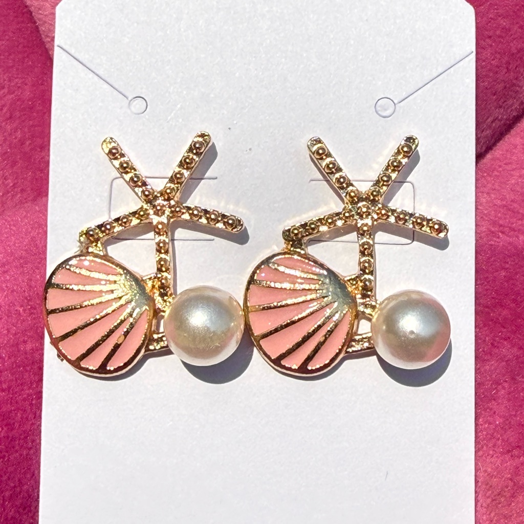 New Pearl Starfish Gold Seashell Ocean Pink Earrings